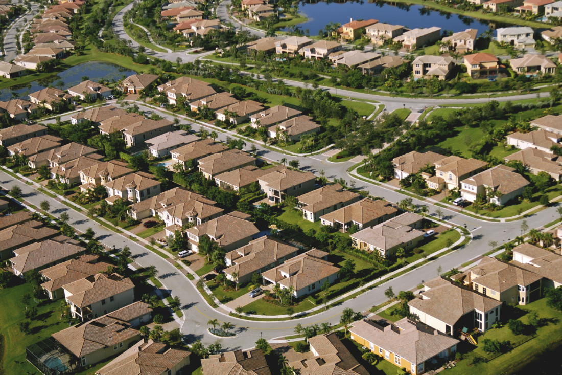 Aerial view of a community of single-family homes
